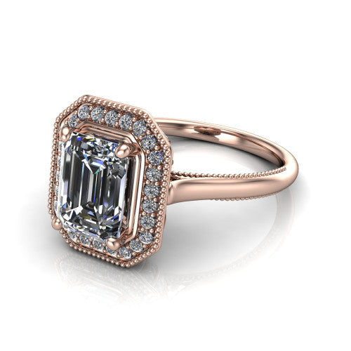 Lilly emerald-cut halo engagement ring in 18K Rose Gold, three-quarter perspective showing the emerald-cut center diamond in a milgrain pave halo above a milgrain band