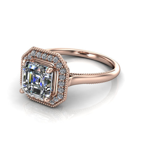 Lilly square emerald-cut halo engagement ring in 18K Rose Gold, three-quarter perspective showing the square emerald-cut center diamond in a milgrain pave halo above a milgrain band