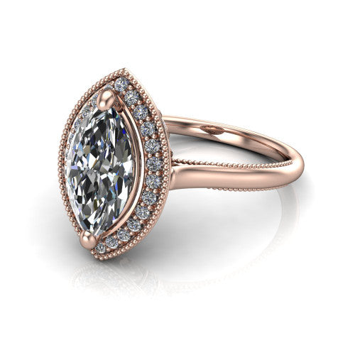 Lilly marquise halo engagement ring in 14K Rose Gold, three-quarter perspective showing the marquise center diamond in a milgrain pave halo above a milgrain band