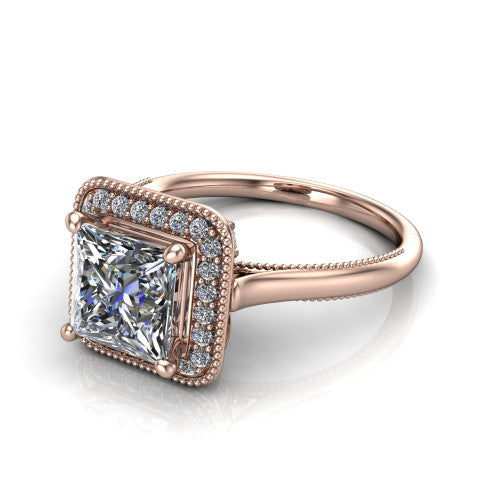 Lilly princess-cut halo engagement ring in 18K Rose Gold, three-quarter perspective showing the princess-cut center diamond in a milgrain pave halo above a milgrain band