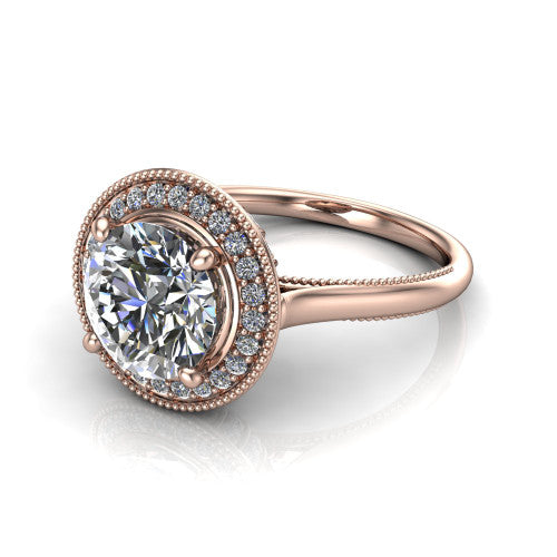 Lilly round halo engagement ring in 18K Rose Gold, three-quarter perspective showing the round center diamond in a milgrain pave halo above a milgrain band