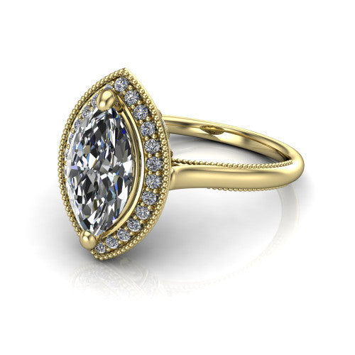Lilly marquise halo engagement ring in 18K Yellow Gold, three-quarter perspective showing the marquise center diamond in a milgrain pave halo above a milgrain band