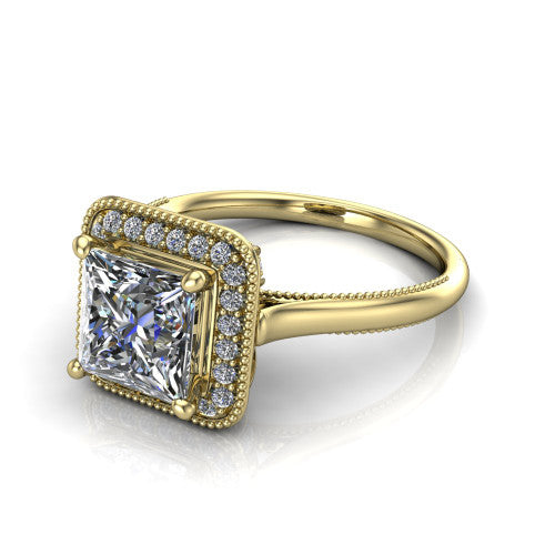 Lilly princess-cut halo engagement ring in 14K Yellow Gold, three-quarter perspective showing the princess-cut center diamond in a milgrain pave halo above a milgrain band