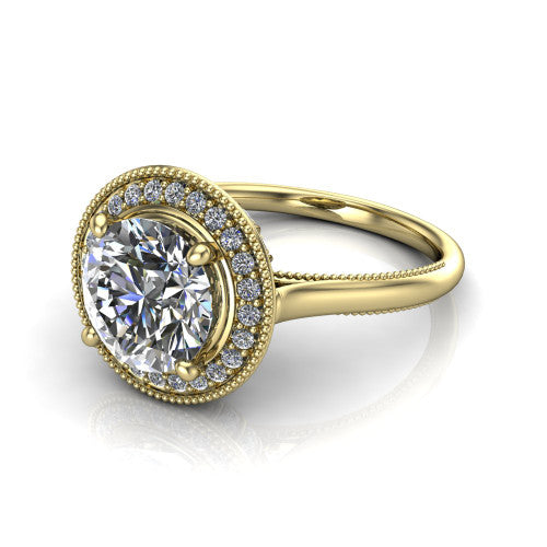 Lilly round halo engagement ring in 18K Yellow Gold, three-quarter perspective showing the round center diamond in a milgrain pave halo above a milgrain band