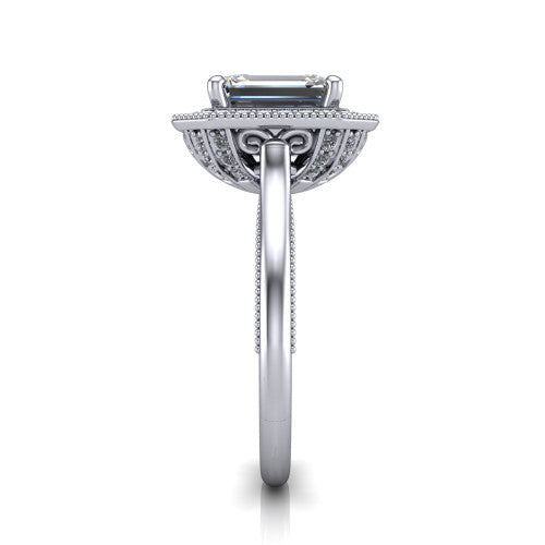 Lilly emerald-cut halo engagement ring in Platinum, side profile showing the filigree gallery and milgrain band in side view