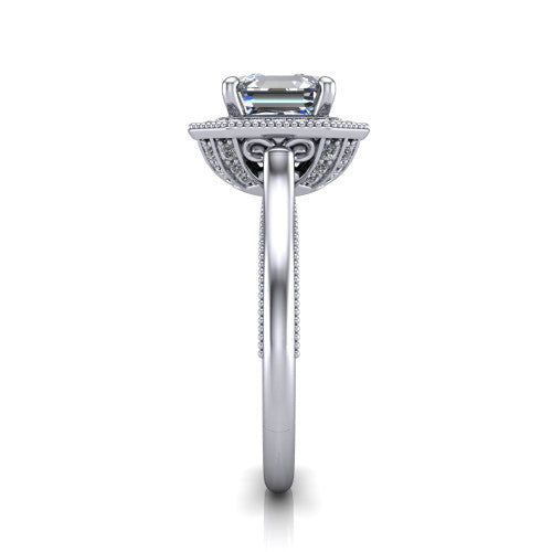 Lilly square emerald-cut halo engagement ring in Platinum, side profile showing the filigree gallery and milgrain band in side view