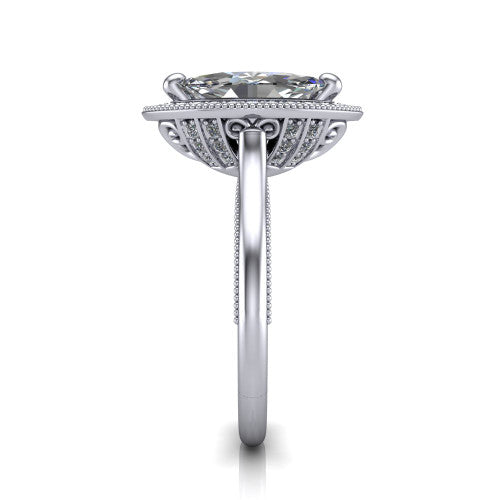Lilly marquise halo engagement ring in 18K White Gold, side profile showing the filigree gallery and milgrain band in side view