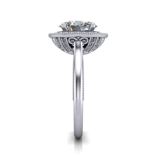 Lilly oval halo engagement ring in 14K White Gold, side profile showing the filigree gallery and milgrain band in side view