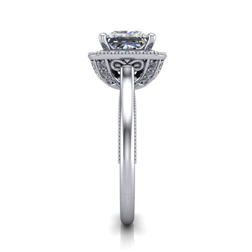 Lilly princess-cut halo engagement ring in 14K White Gold, side profile showing the filigree gallery and milgrain band in side view