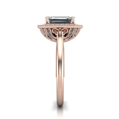 Lilly emerald-cut halo engagement ring in 14K Rose Gold, side profile showing the filigree gallery and milgrain band in side view