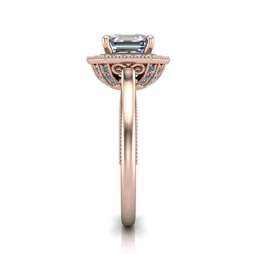 Lilly square emerald-cut halo engagement ring in 18K Rose Gold, side profile showing the filigree gallery and milgrain band in side view