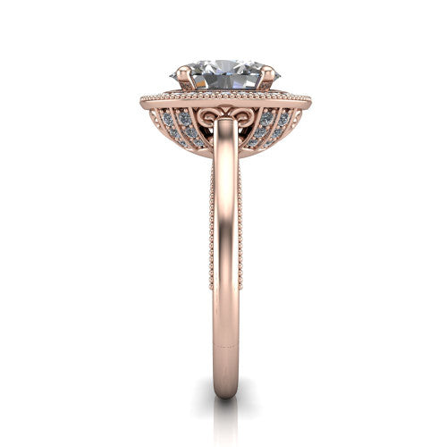 Lilly oval halo engagement ring in 14K Rose Gold, side profile showing the filigree gallery and milgrain band in side view