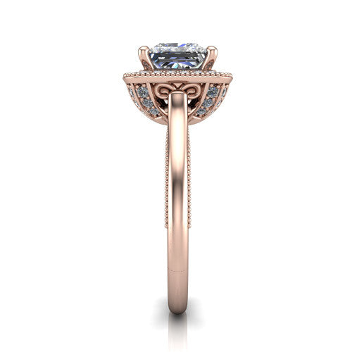 Lilly princess-cut halo engagement ring in 18K Rose Gold, side profile showing the filigree gallery and milgrain band in side view