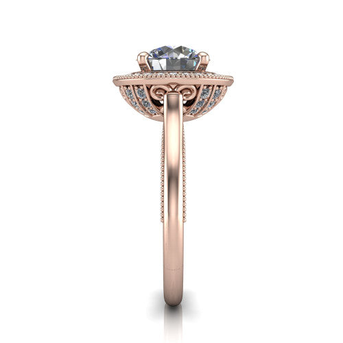 Lilly round halo engagement ring in 18K Rose Gold, side profile showing the filigree gallery and milgrain band in side view