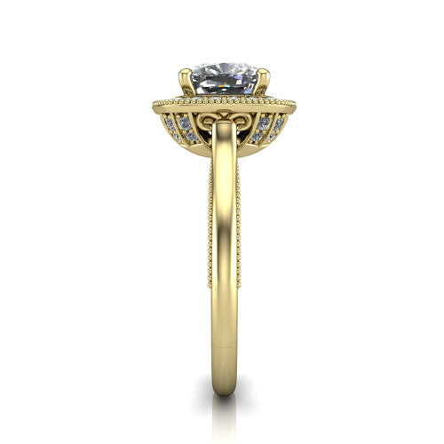 Lilly cushion halo engagement ring in 18K Yellow Gold, side profile showing the filigree gallery and milgrain band in side view