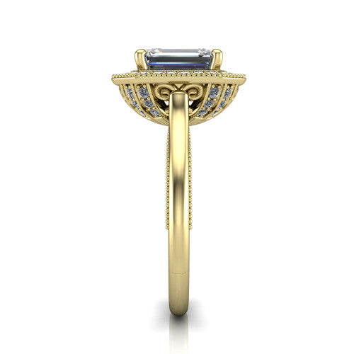 Lilly emerald-cut halo engagement ring in 18K Yellow Gold, side profile showing the filigree gallery and milgrain band in side view