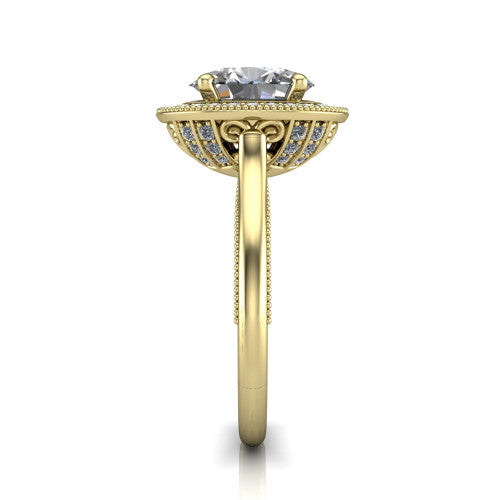 Lilly oval halo engagement ring in 14K Yellow Gold, side profile showing the filigree gallery and milgrain band in side view