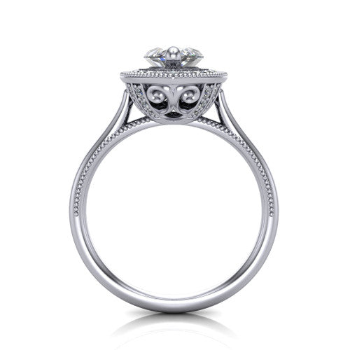 Lilly marquise halo engagement ring in Platinum, through-finger front profile showing the filigree gallery and milgrain halo from the front