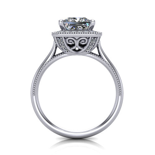 Lilly princess-cut halo engagement ring in Platinum, through-finger front profile showing the filigree gallery and milgrain halo from the front