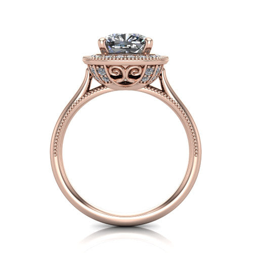 Lilly cushion halo engagement ring in 18K Rose Gold, through-finger front profile showing the filigree gallery and milgrain halo from the front