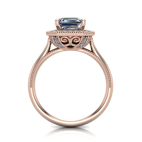 Lilly square emerald-cut halo engagement ring in 14K Rose Gold, through-finger front profile showing the filigree gallery and milgrain halo from the front
