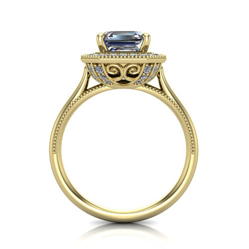 Lilly square emerald-cut halo engagement ring in 18K Yellow Gold, through-finger front profile showing the filigree gallery and milgrain halo from the front