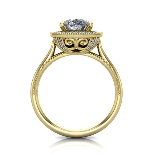 Lilly oval halo engagement ring in 18K Yellow Gold, through-finger front profile showing the filigree gallery and milgrain halo from the front