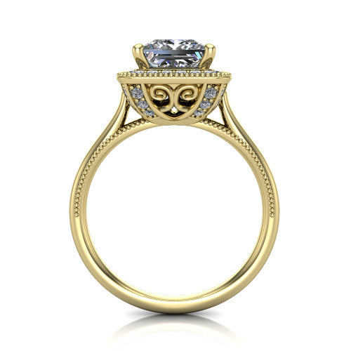 Lilly princess-cut halo engagement ring in 18K Yellow Gold, through-finger front profile showing the filigree gallery and milgrain halo from the front