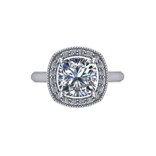 Lilly cushion halo engagement ring in Platinum, top-down view showing the cushion center diamond and milgrain halo from above