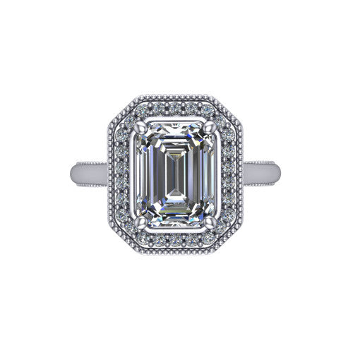 Lilly emerald-cut halo engagement ring in Platinum, top-down view showing the emerald-cut center diamond and milgrain halo from above