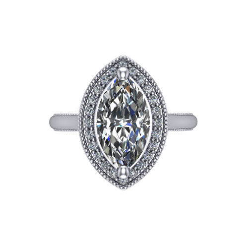 Lilly marquise halo engagement ring in Platinum, top-down view showing the marquise center diamond and milgrain halo from above