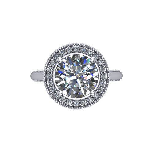 Lilly round halo engagement ring in Platinum, top-down view showing the round center diamond and milgrain halo from above