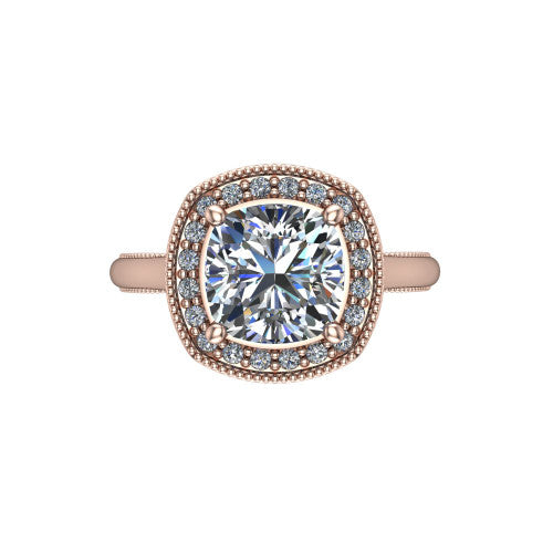 Lilly cushion halo engagement ring in 14K Rose Gold, top-down view showing the cushion center diamond and milgrain halo from above
