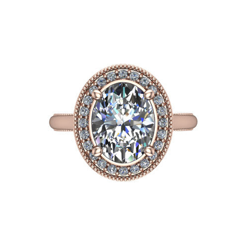 Lilly oval halo engagement ring in 14K Rose Gold, top-down view showing the oval center diamond and milgrain halo from above
