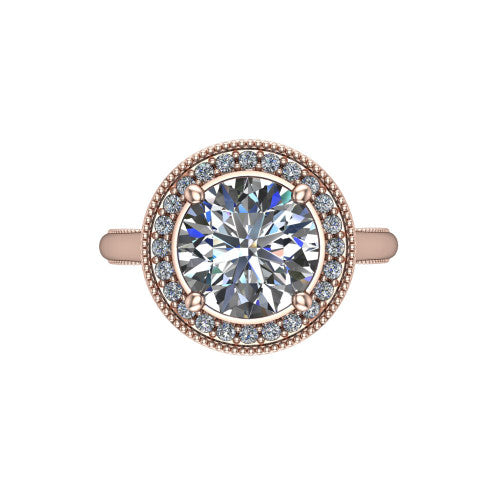 Lilly round halo engagement ring in 14K Rose Gold, top-down view showing the round center diamond and milgrain halo from above