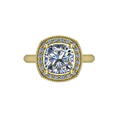 Lilly cushion halo engagement ring in 18K Yellow Gold, top-down view showing the cushion center diamond and milgrain halo from above
