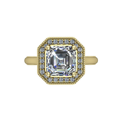 Lilly square emerald-cut halo engagement ring in 14K Yellow Gold, top-down view showing the square emerald-cut center diamond and milgrain halo from above