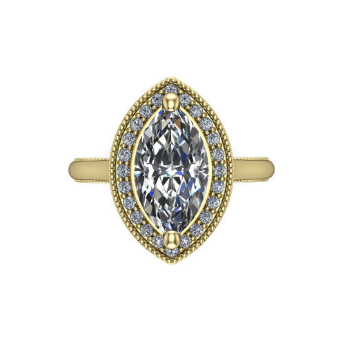 Lilly marquise halo engagement ring in 18K Yellow Gold, top-down view showing the marquise center diamond and milgrain halo from above