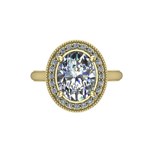 Lilly oval halo engagement ring in 18K Yellow Gold, top-down view showing the oval center diamond and milgrain halo from above