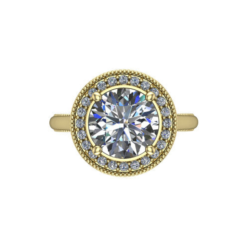 Lilly round halo engagement ring in 14K Yellow Gold, top-down view showing the round center diamond and milgrain halo from above