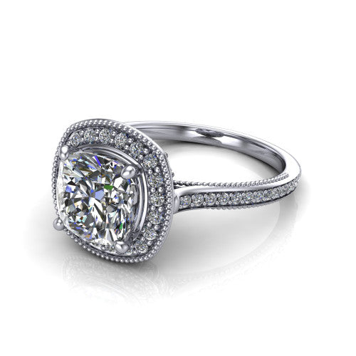 Diana cushion halo engagement ring in 18K White Gold, three-quarter perspective showing the cushion center diamond in a milgrain pave halo above a pave band