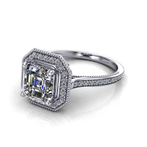 Diana square emerald-cut halo engagement ring in 14K White Gold, three-quarter perspective showing the square emerald-cut center diamond in a milgrain pave halo above a pave band