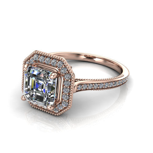Diana square emerald-cut halo engagement ring in 18K Rose Gold, three-quarter perspective showing the square emerald-cut center diamond in a milgrain pave halo above a pave band