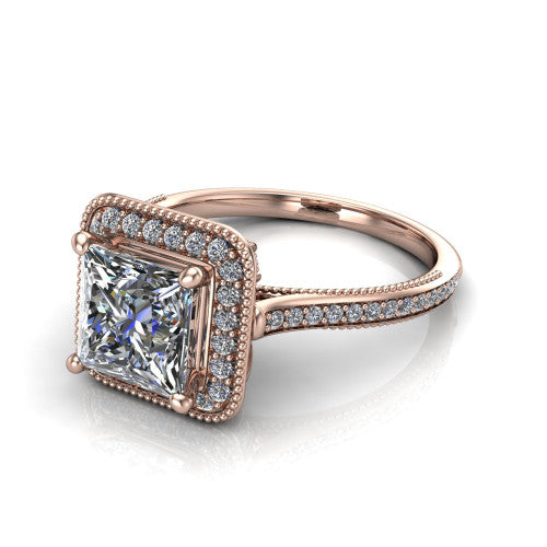 Diana princess-cut halo engagement ring in 14K Rose Gold, three-quarter perspective showing the princess-cut center diamond in a milgrain pave halo above a pave band