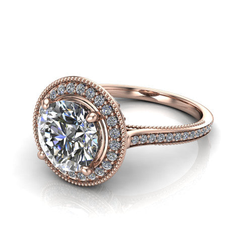Diana round halo engagement ring in 18K Rose Gold, three-quarter perspective showing the round center diamond in a milgrain pave halo above a pave band