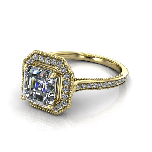 Diana square emerald-cut halo engagement ring in 14K Yellow Gold, three-quarter perspective showing the square emerald-cut center diamond in a milgrain pave halo above a pave band