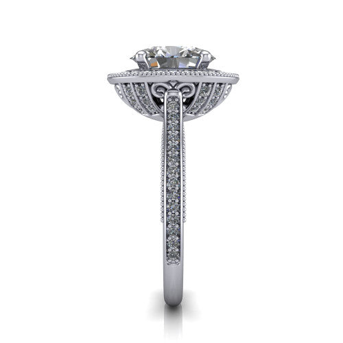 Diana oval halo engagement ring in 18K White Gold, side profile showing the filigree gallery and pave band in side view