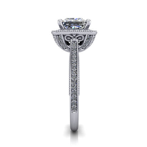 Diana princess-cut halo engagement ring in Platinum, side profile showing the filigree gallery and pave band in side view