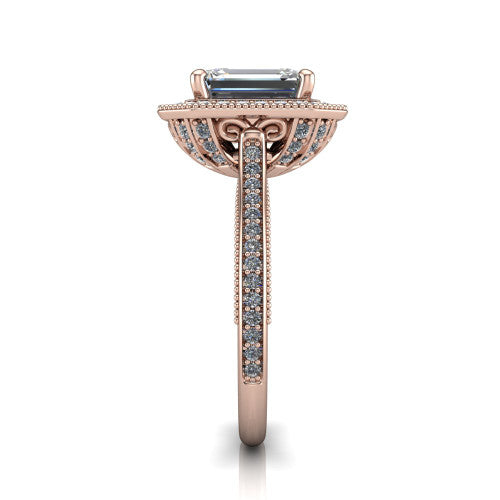 Diana emerald-cut halo engagement ring in 14K Rose Gold, side profile showing the filigree gallery and pave band in side view