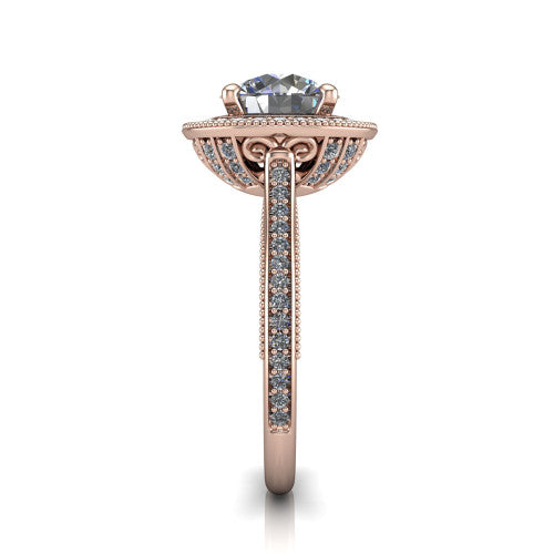Diana round halo engagement ring in 14K Rose Gold, side profile showing the filigree gallery and pave band in side view